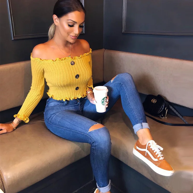 Сексуальная с плеча длинным рукавом Кнопка укороченный футболки 2018 осень зима