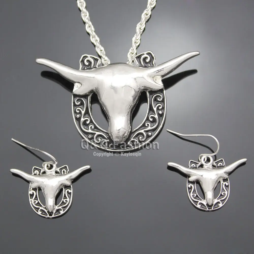 Ожерелье и серьги с посеребренным покрытием в виде буйвола|set jewelry|necklace earring setearrings