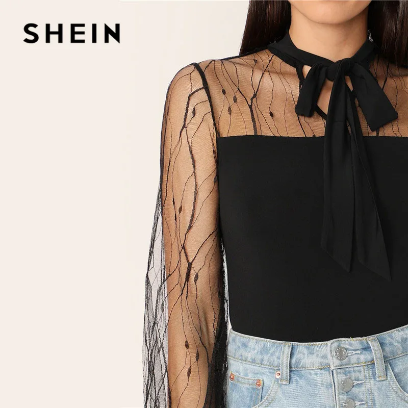 SHEIN Облегающий Сетчатый Топ В Виде Сетки С Завязками Женская Черная Элегантная Блузка С Длинными Рукавами