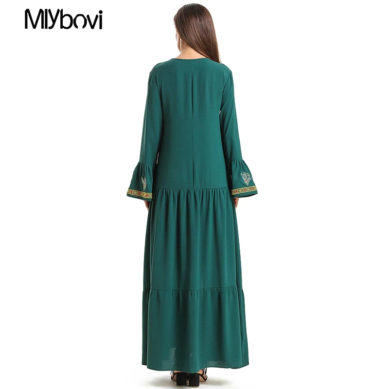 Зеленое мусульманское платье с вышивкой Abaya повседневные длинные халаты кимоно