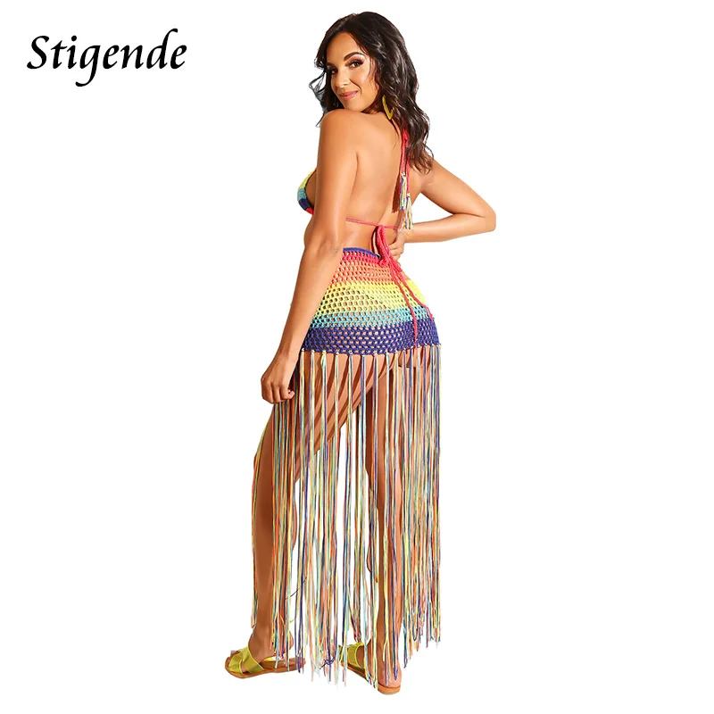 Stigende Summer Beach Hollow Two Piece Crochet Set Women Sexy Rainbow Tassels 2 Skirt Knitted See Through 2pcs Outfits |