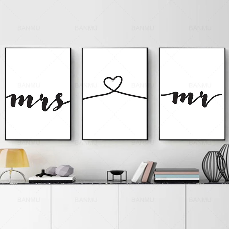 Скандинавский постер с надписью Mr/Mrs Love на холсте Настенная картина черно белого