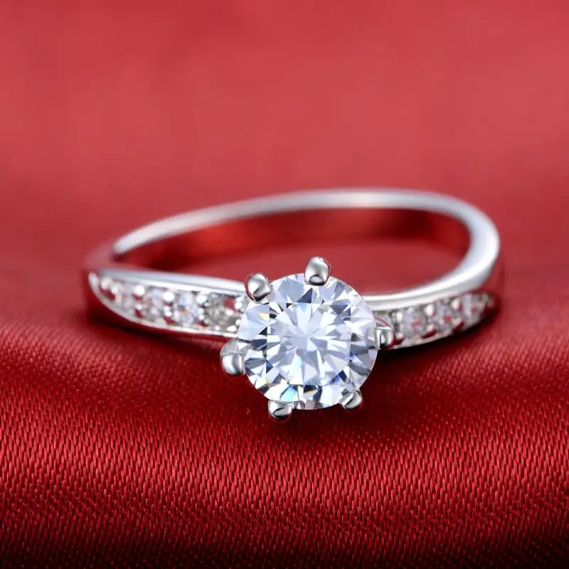 Серебряный цвет AAA CZ Кристалл 6 зубец Bijoux модное свадебное & обручальное кольцо