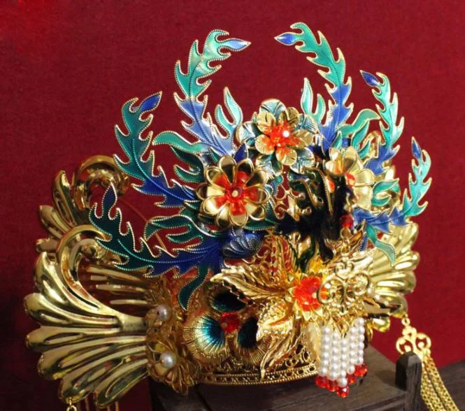 Древняя китайская императрица Принцесса Винтаж перегородчатой Феникс Тиара волос Корона сценический танцевальный для выступлений ТВ Играть аксессуар для волос