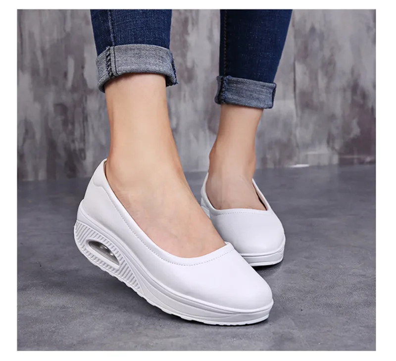 YAERNI Women Nurse Flats Shoes PU Leather Slip On Moccains Ladies Round Toe White Loafers Flat Women Sneakers Autumn Size 35-42