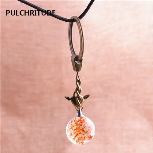 PULCHRITUDE 2 шт./партия металлический брелок хрустальный стеклянный шар кулон с высушенным цветком крылья сердце Шарм кольцо для ключей ювелирные изделия Diy C0581 - Цвет: 5 as photo