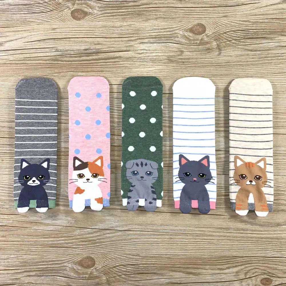 5 pairs of socks Женские носки; модные носки из чесаного хлопка с рисунком; забавные носки с изображением котенка и щенка - Цвет: 5 pairs of socks