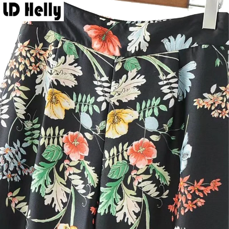 LD Helly винтажные женские черные длинные брюки с цветочным принтом модные