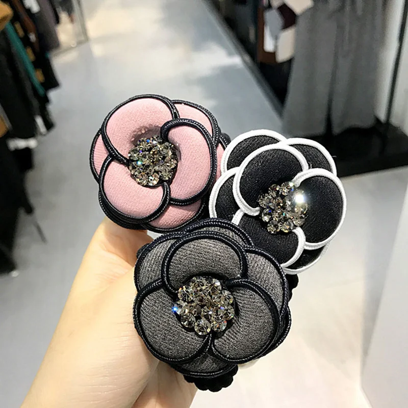 Chic camellia hair ties crystal flower ring/rope pearl pendant elastic band rubber women fashion accessories |
