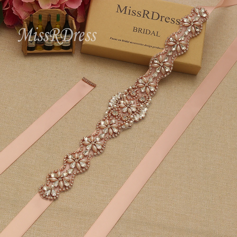 

MissRDress Pearls Wedding Belt Simple Crystal Bridal Sash Rose Gold Rhinestones Bridal Belt For Wedding Evening Dresses JK806