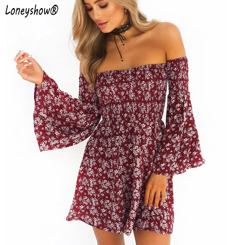 Loneyshow 2017 новое летнее платье с цветочным принтом и открытыми плечами женское