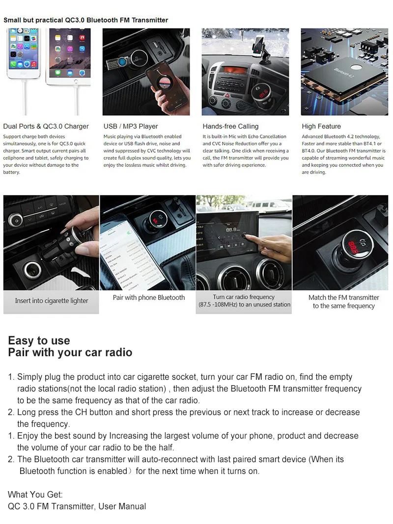 Jilang автомобильный Bluetooth fm-передатчик беспроводной радио адаптер музыкальный MP3 плеер Автомобильный комплект Hands Free Звонки с QC3.0 двойной USB зарядкой