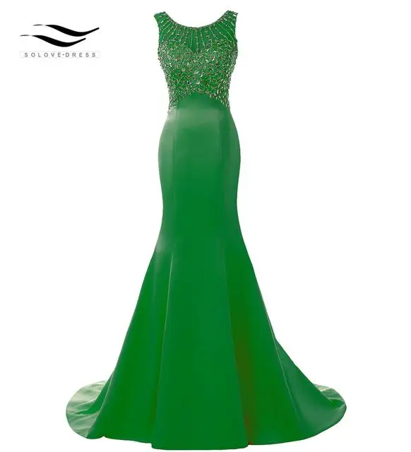 SOLOVEDRESS Элегантный Совок матовый сатин настоящая фотография блестящие бусины Русалка длинное вечернее платье U Назад Формальное золотистое платье SLD-E5005 - Цвет: Green