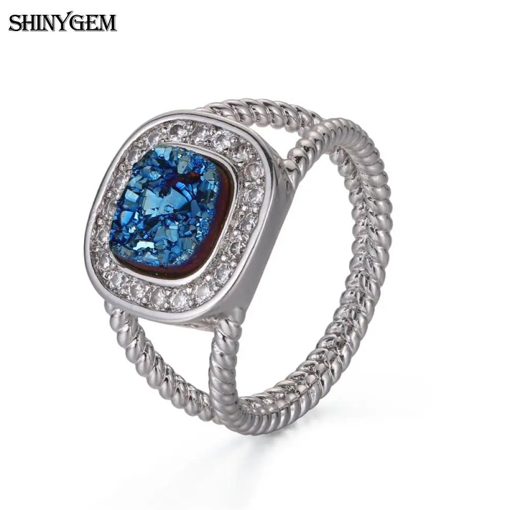 Модные кольца из нержавеющей стали ShinyGem квадратные Друза природного камня