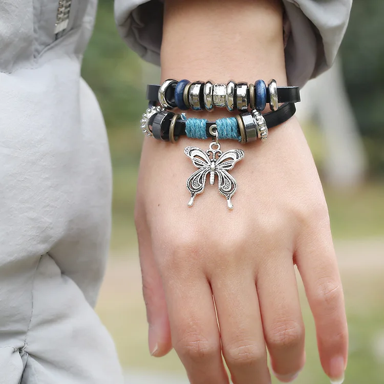 Модные кожаные браслеты с бабочками для женщин ювелирные изделия Boho плетеный