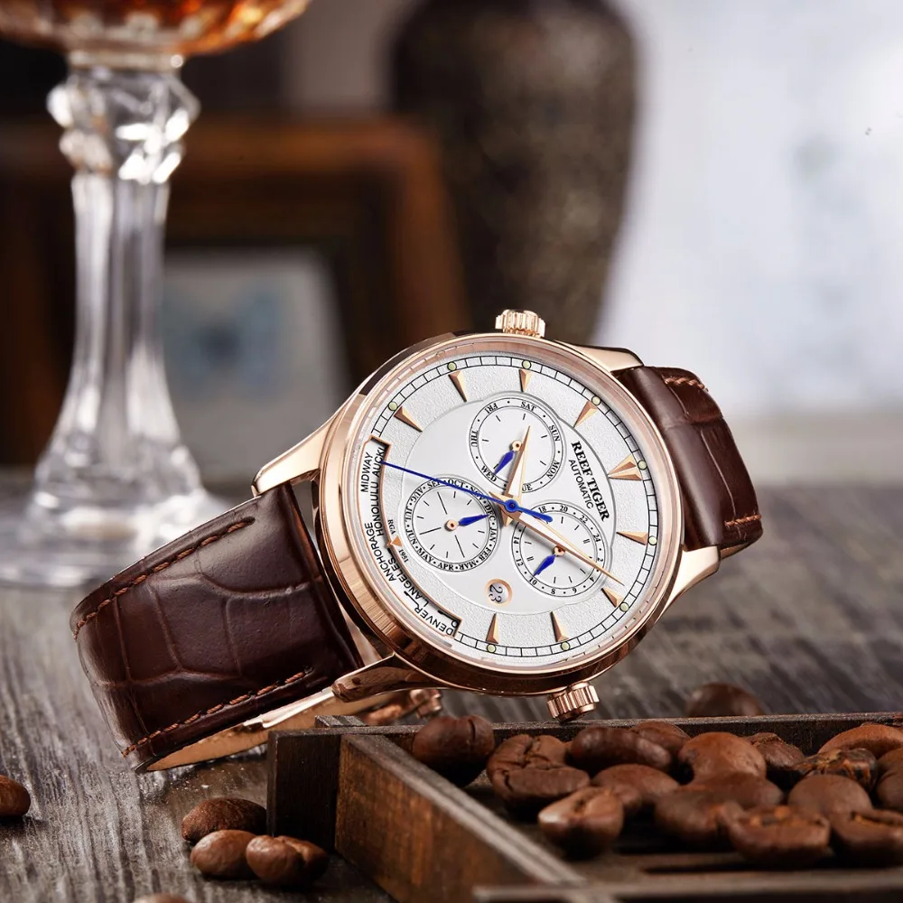 Reef Tiger/RT Мужские автоматические часы World Time Дата день месяц розовое золото кожа спортивные многофункциональные водонепроницаемые часы RGA1951