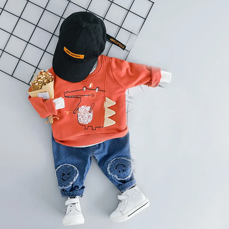 Orange No Shoes Hat Одежда для маленьких мальчиков; комплект одежды для мальчиков с героями мультфильмов; футболка с длинными рукавами для отдыха для мальчиков+ джинсы; комплект детской одежды из 2 предметов - Цвет: Orange No Shoes Hat