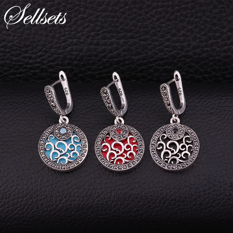 Женские винтажные серьги подвески Sellsets круглые ажурные с фианитами стразы