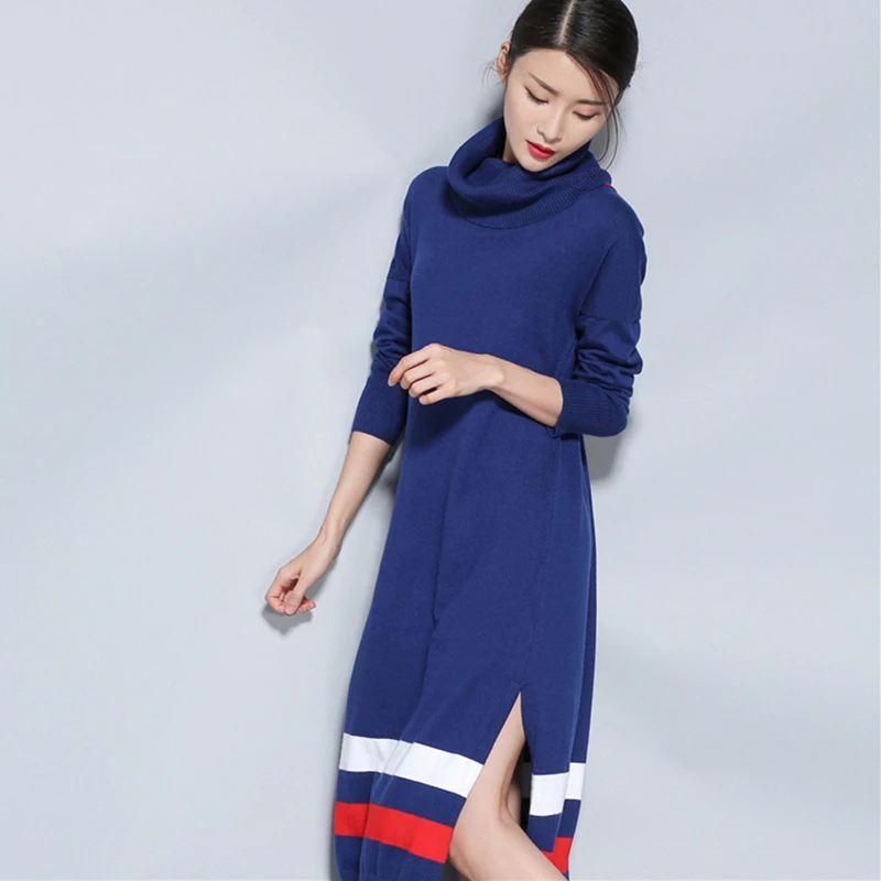Autumn Winter women Full Sleeve High collar Knit sweater Dress female Loose Split Stripes Womens long Sweaters | Женская одежда