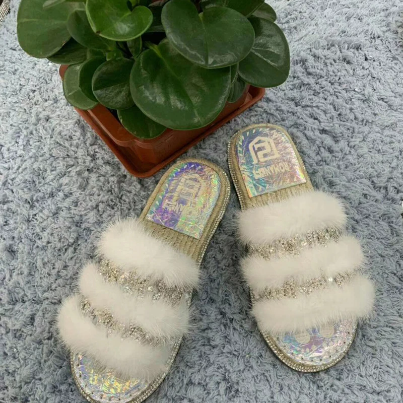 Г., новые тапочки из меха норки льняные соломенные пляжные шлепанцы летние меховые тапочки с перфорацией, женская обувь