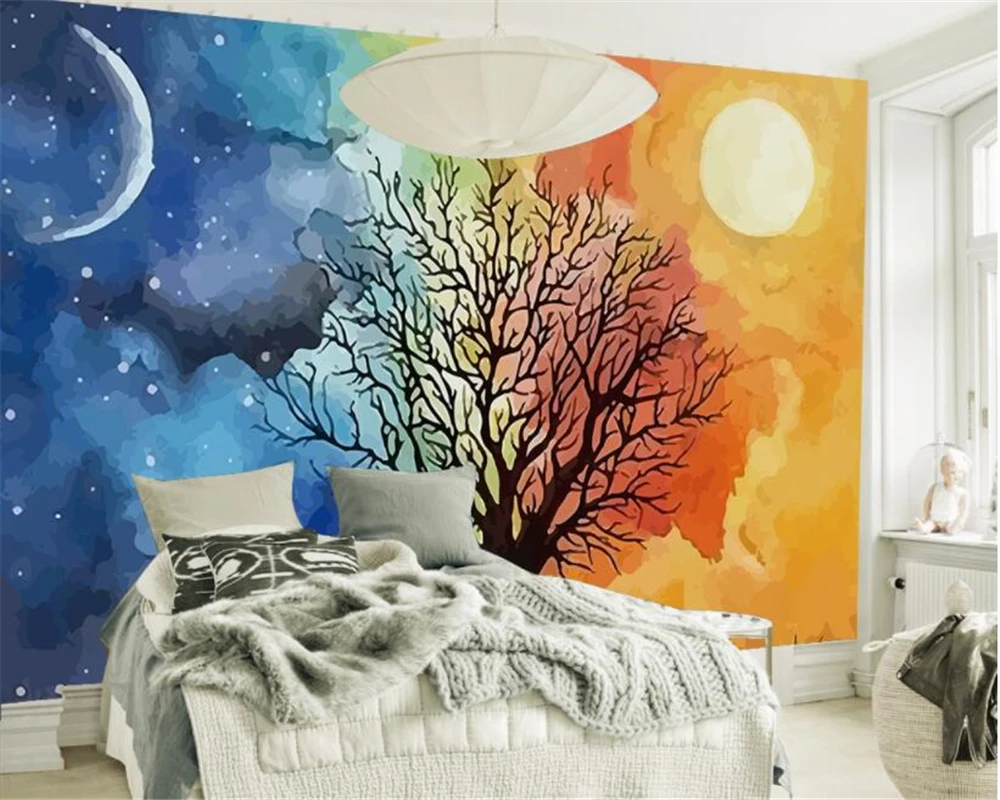 

Beibehang Modern Large new wallpaper mural creative Day and night Tree branches living room TV wall wallpaper for living room