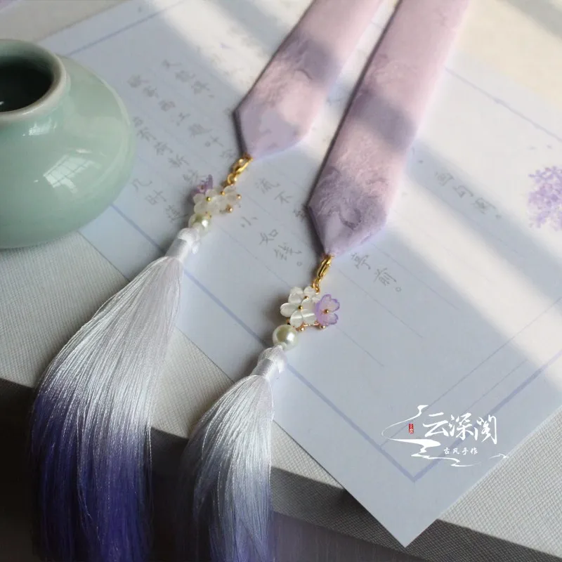 Светло-дымчатый фиолетовый мягкий хлопок Hanfu повязка для волос с кисточками античный тиара аксессуары для волос