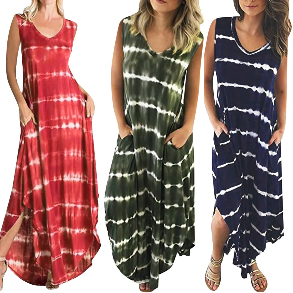 Женское платье без рукавов с круглым вырезом в полоску карманами асимметричным