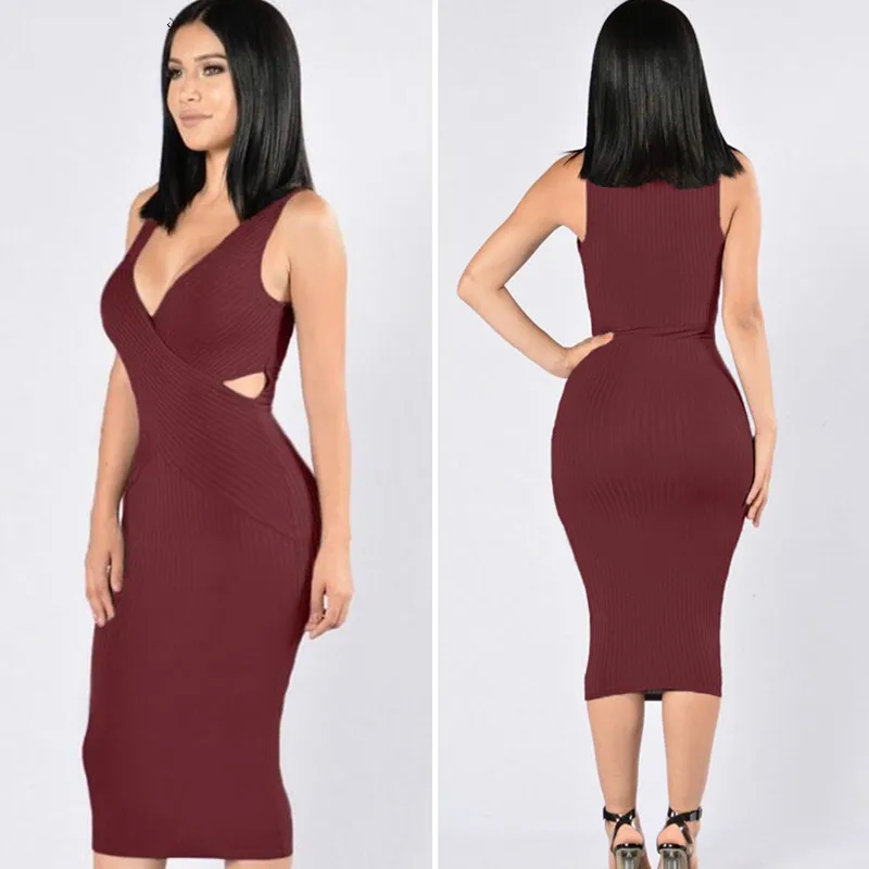 2017 Весна Хлопок Глубокий V Шеи Без Рукавов Трикотажные Вырезать Bodycon Бальные