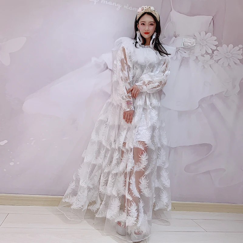 Женское платье с круглым вырезом и длинными рукавами элегантное кружевное