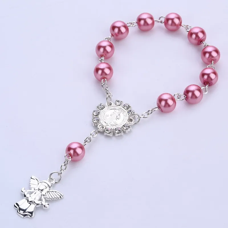 Имитация жемчуг католические четки католической Святое Причастие серебряный цвет крылья Распятие Подвески с ангелом Браслет хороший подарок