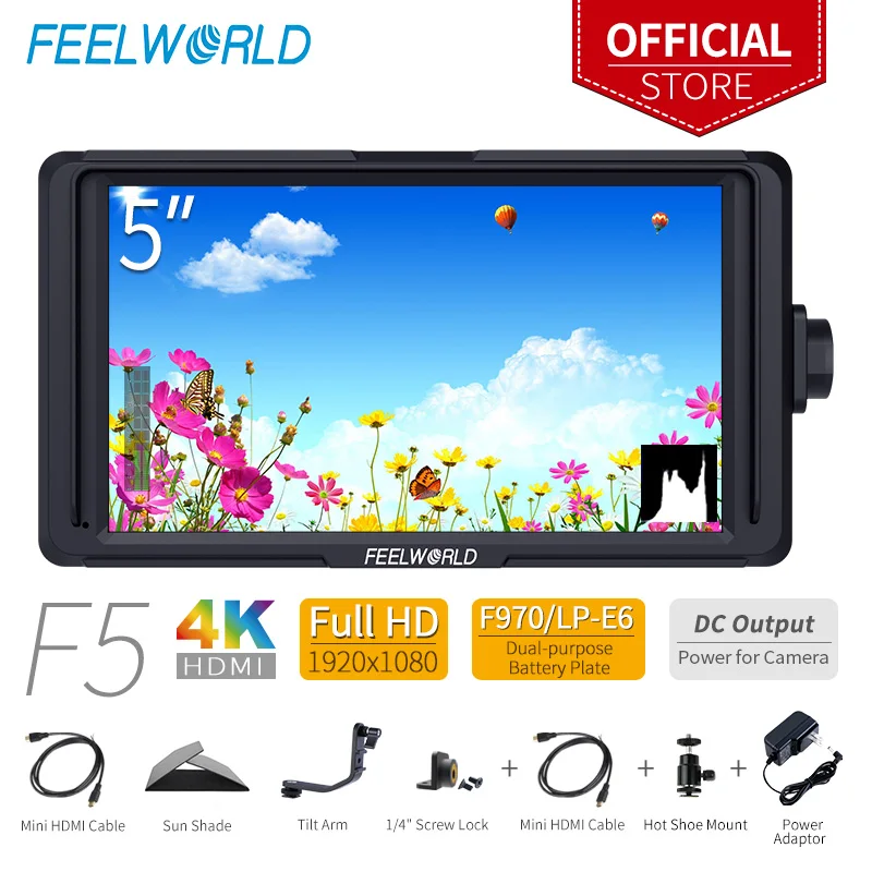 

FEELWORLD F5 5 inch DSLR On Camera Field Monitor Small Full HD 1920x1080 IPS Video Focus with 4K HDMI DC Output Tilt Arm