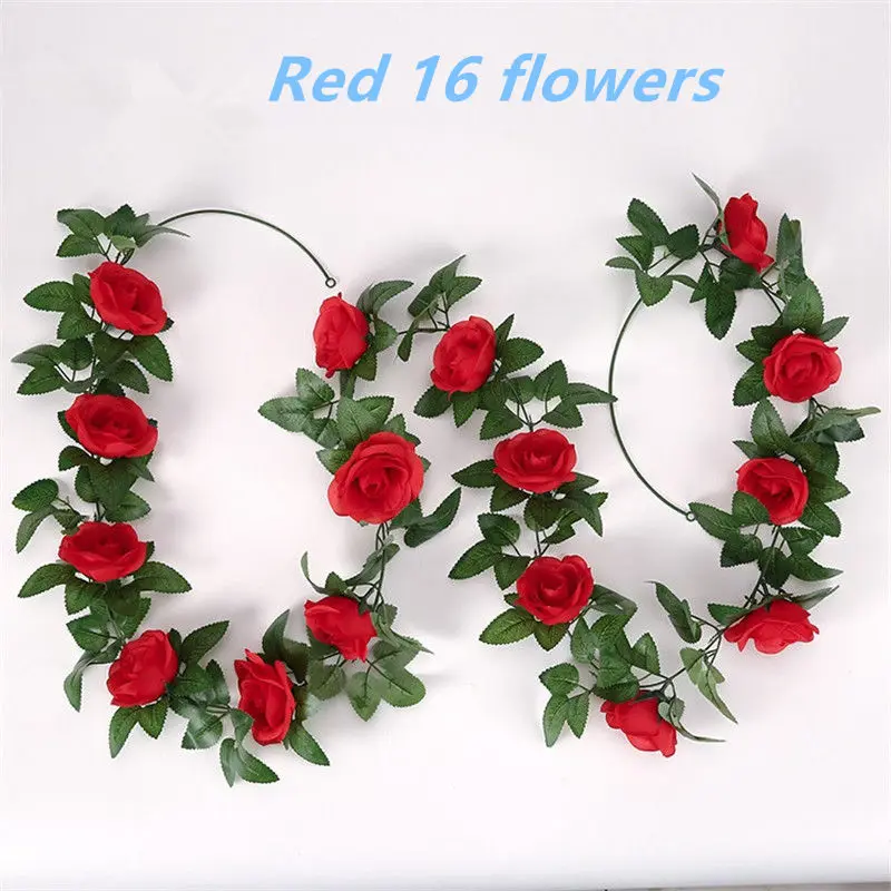 Red-16 flower 1pcs/lot 230-250cm Artificial Flowers Silk Roses Ivy Vine diy with Green Leaves Fake leaf artificial flowers for home decoration - Цвет: Red-16 flower