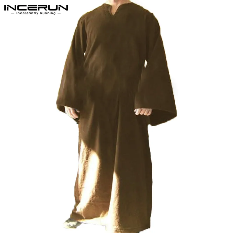 Brown INCERUN, осень, мусульманская Мужская рубашка, кафтан, длинный рукав, v-образный вырез, солидные, свободные, халаты, Мужская одежда, кафтан,, большие размеры, топы, футболки - Цвет: Brown