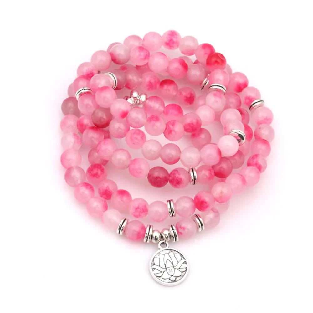 Fine 8mm Pink Natural Peach Blossom Stone Beads Necklace Energy Yoga Lotus Pendant Bracelet 108 Mala Women Meditation Jewelry | Украшения и