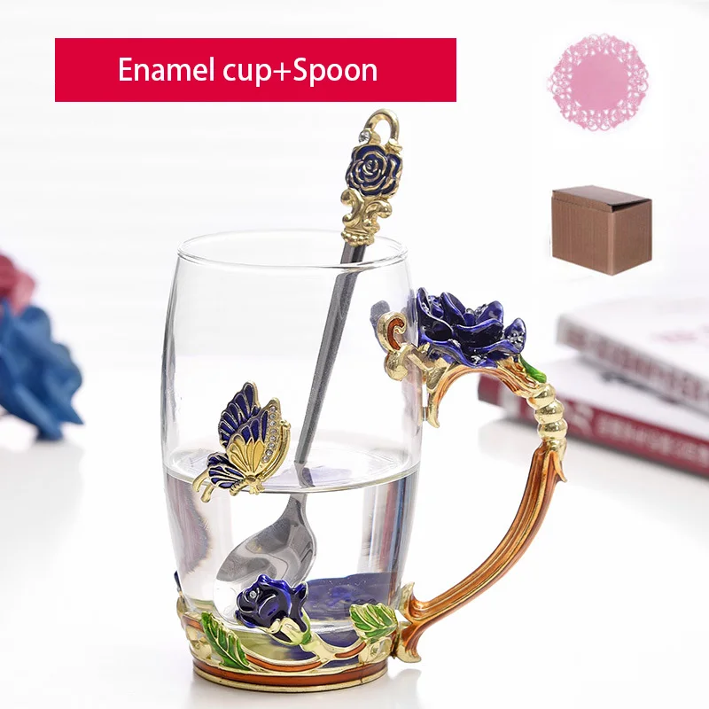 Blue cup X Spoon2 Новинка, эмалированная кофейная чашка, кружка, цветочный чай, чашки для горячих и холодных напитков, стеклянная чайная чашка, Ароматизированная чайная Питьевая бутылка, стеклянные подарки - Цвет: Blue cup X Spoon2