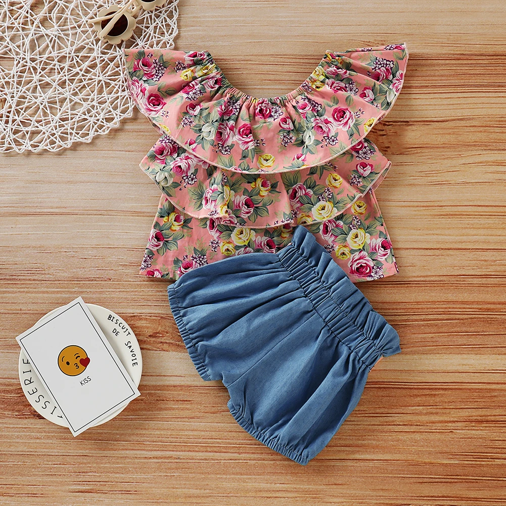 Emmababy Baby Girls Clothes Summer Toddler Infant Kids Floral Pink Tops Blue Shorts Outfits Set | Детская одежда и обувь