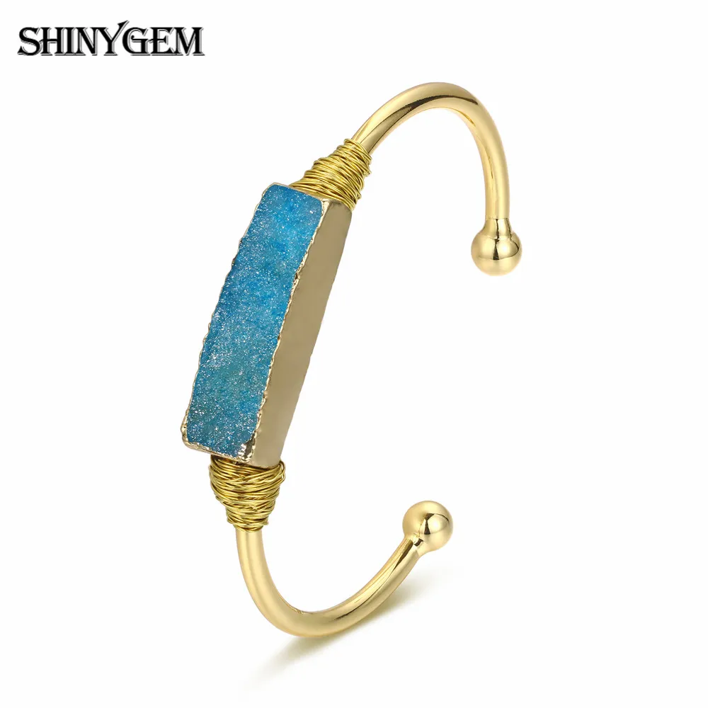 ShinyGem натуральный драгоценный камень Друза Открытый Браслет-манжета винтажная квадратная форма Очаровательный Хрустальный Браслет Ручной Работы Золотая проволока браслеты для женщин - Окраска металла: Blue