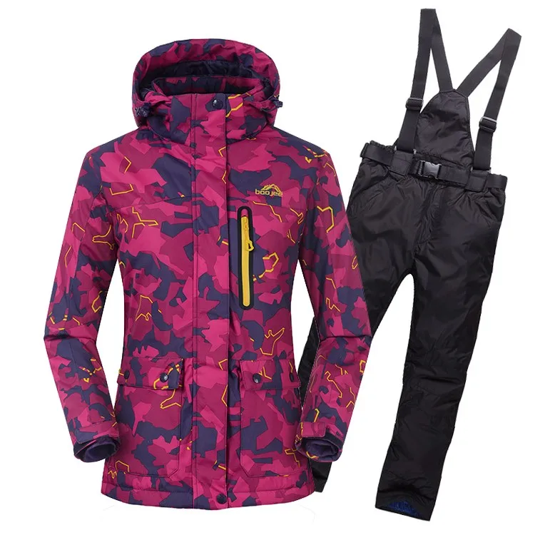 Женский лыжный костюм, камуфляжный, корейский,, двойной, супер толстый, теплый, ветрозащитный, лыжный костюм, зимняя Лыжная куртка+ лыжные штаны