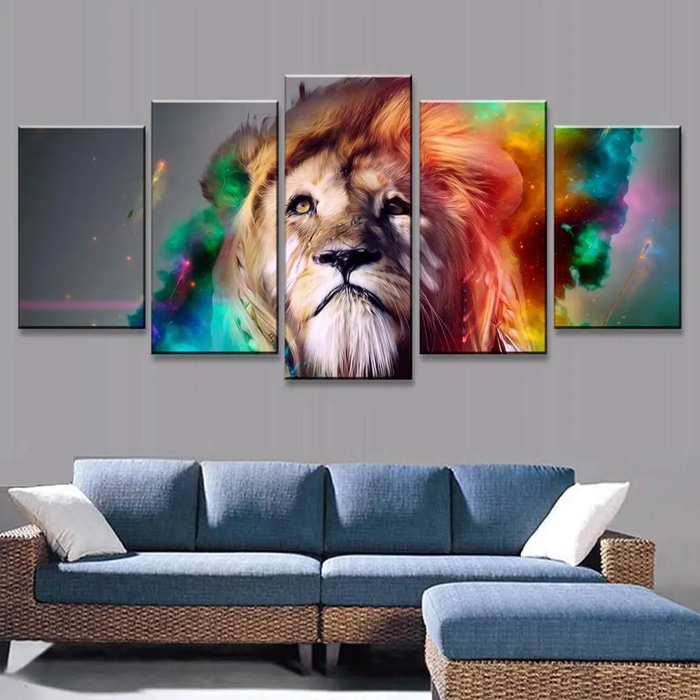 

5Panel HD Print Modern Animal Psychedelic Lion King Canvas Painting Abstract Poster Pop Art Modular Wall Paintings Cuadros Decor