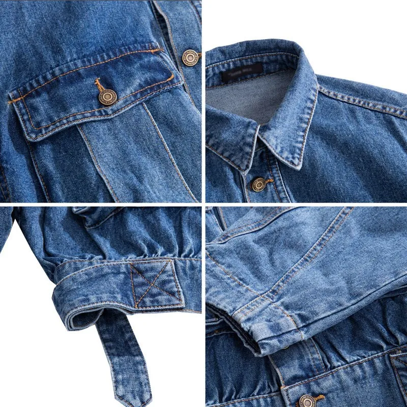 

New Women Turn-Down Collar Denim Outerwear Nice Blue Button Short Bomber Jacket Loose Single Breasted Jeans Jacket Coat