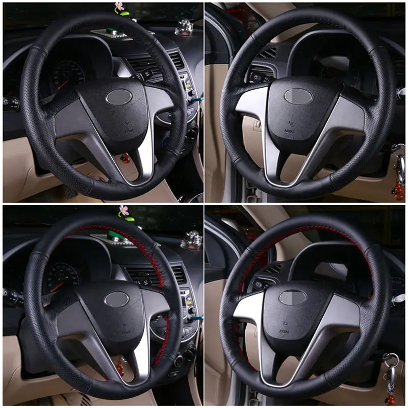 Сшитый вручную черный кожаный чехол на руль для hyundai Solaris Verna I20 Accent
