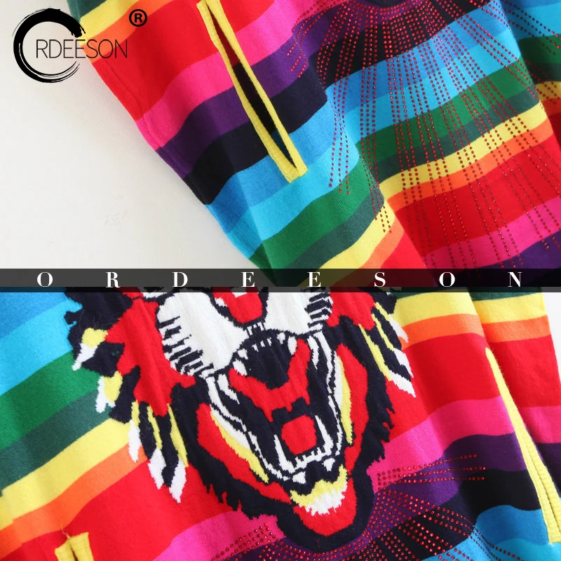 ORDEESON Rainbow Hot Drilling Tassel Tiger Head Turtleneck Winter Oversized Sweater Women Sweaters and Pullovers Poncho Jumper | Женская