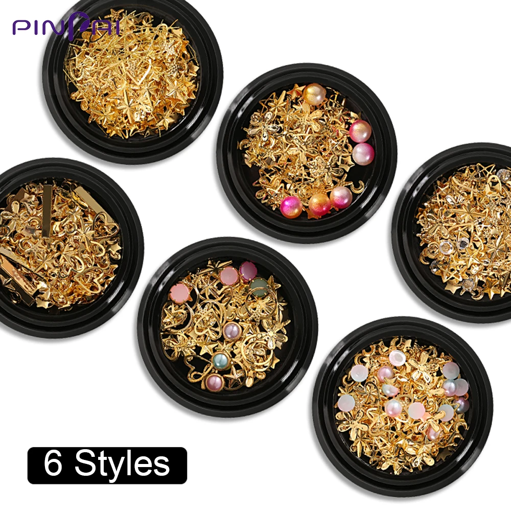 6 видов стилей Звезда Луна жемчуг смешанные металлические украшения для ногтей