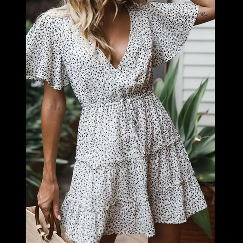 Новое модное женское платье с коротким рукавом и цветочным принтом Boho Летнее