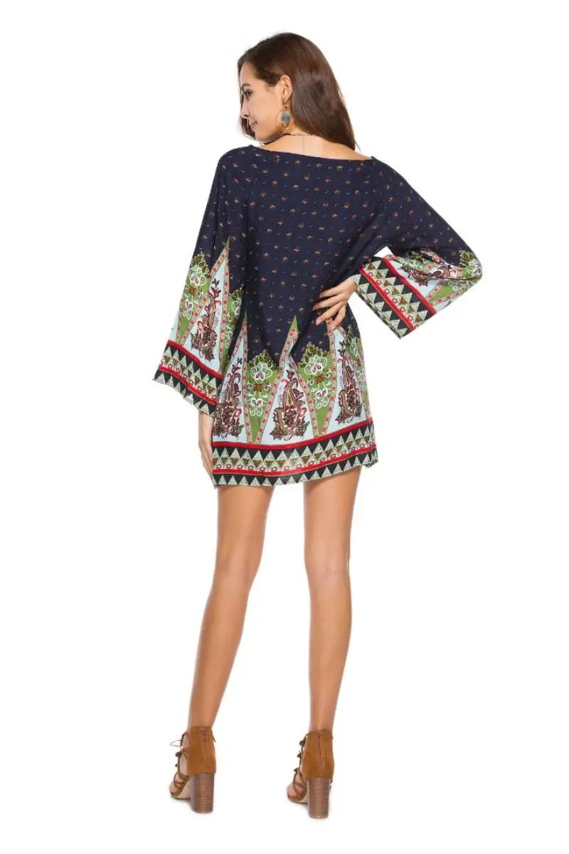 

New Summer Women Round Neck Loose Sleeve Vintage Ethnic Baroque Print Dress Summer Dresses Vestidos