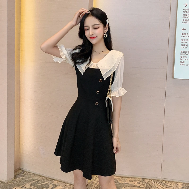 Платье в западном стиле с тонкой талией и двойным воротником-куклой шифоновое