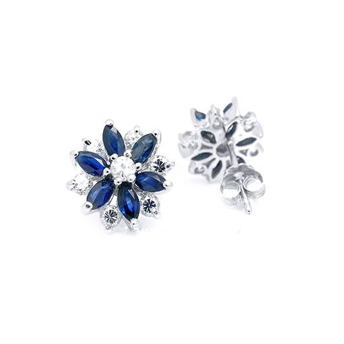 Qi Xuan_Trendy Jewelry_Dark Blue Stone элегантные вечерние серьги-гвоздики с цветком _s925 Solid Silver
