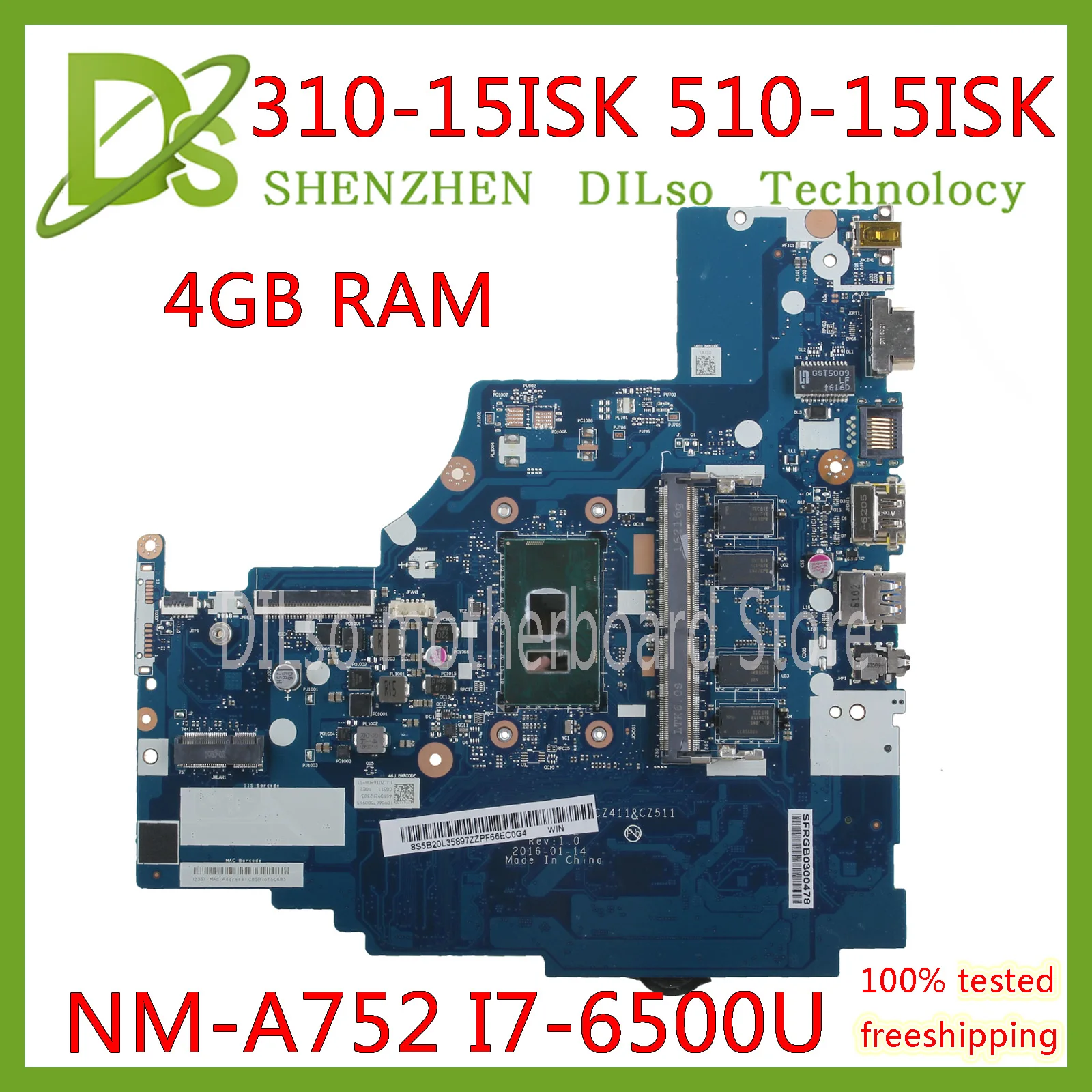 

KEFU NM-A752 материнская плата для Lenovo 310-15ISK 510-15ISK материнская плата для ноутбука I7-6500U 4 Гб RAM тест ОК
