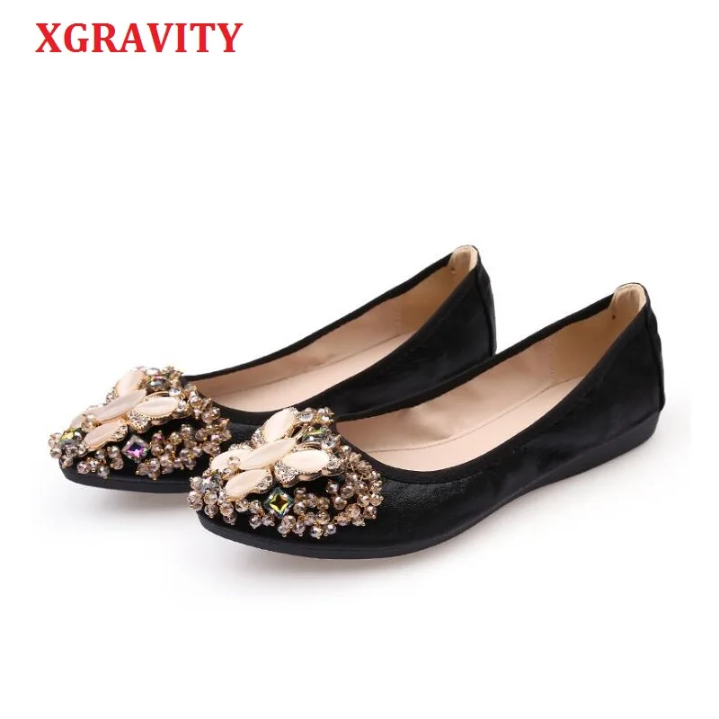 

XGRAVITY New Crystal Flats Ballet Flat Shoes Rhinestone Women 2019 Spring Autumn Butterfly Pointed Toe Golden Shoes Loafers C227