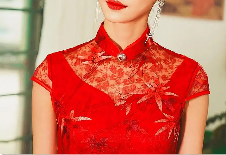 Традиционная китайская Свадебная вечеринка невесты красное кружево Cheongsam qipao